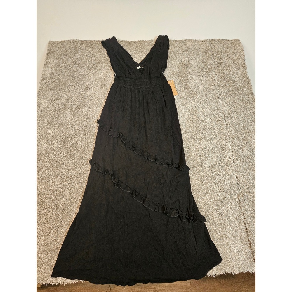 Just Found Black V-Neck‎ Smocked Waist Ruffle Tiered Maxi Dress NWT Large